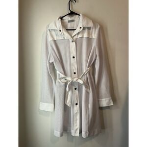 Anatomie Mesh White Trench Coat Belted‎ Size 12 Snap Closure Designer Chic